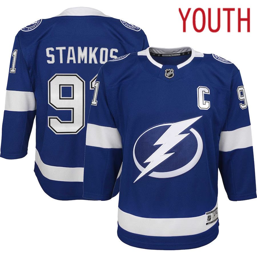 Youth Tampa Bay Lightning 91 Steven Stamkos Blue Home Captain Premier Player NHL Jersey